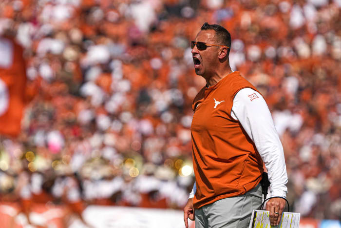 Dallas, Texas, USA: Texas Longhorns head coach Steve Sarkisian yells during the annual Red River Showdown against the Oklahoma Sooners at the Cotton Bowl.